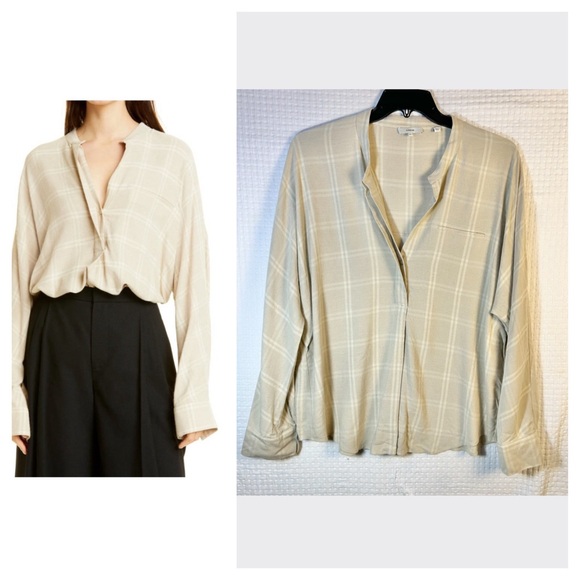 Vince Top Womens XL Tunic Blouse Classic Minimalist Basic Shadow Plaid Popover - Picture 1 of 11